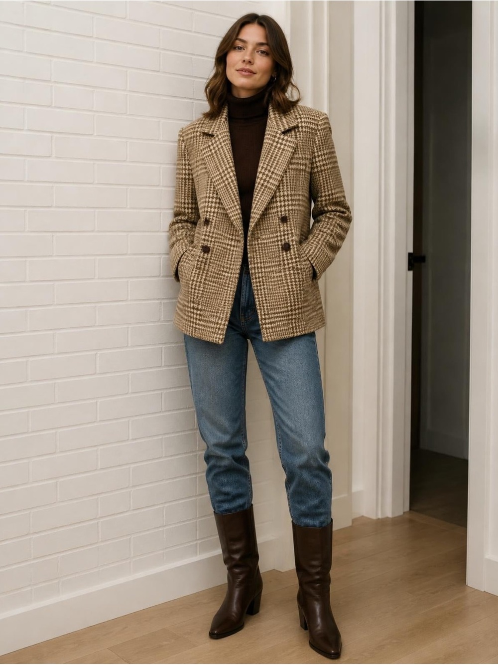 Plaid Wool-Blend Blazer in Beige Brown